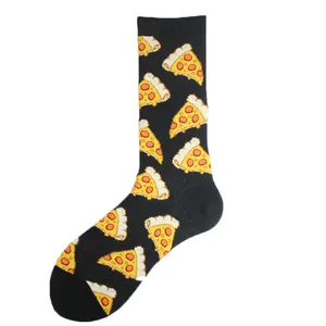 Detailed close-up view of black cotton crew socks with funny cartoon pizza slice pattern