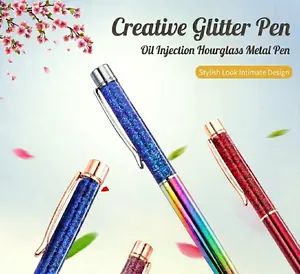 Close-up detail of stylish liquid quicksand metal pens with floating blue and red glitter