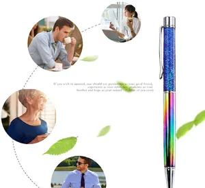 Detailed view of a glittery blue liquid metal pen with a vibrant rainbow finish.