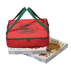 Bolsa térmica profesional roja para entrega de pizza con asas verdes y cremallera