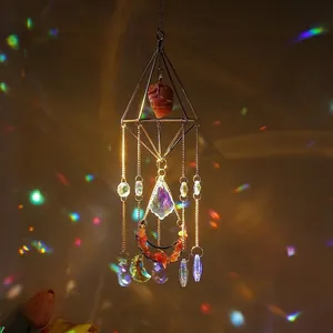 Crystal moon suncatcher wind chime with natural amethyst gravel and metal frames