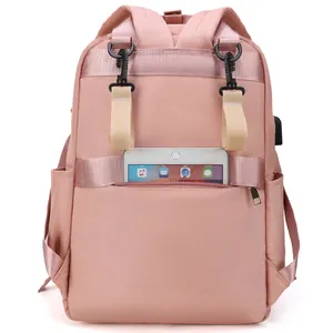 Multi-functional pink diaper bag backpack with USB port and back storage pocket