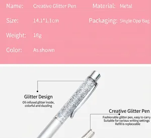 Detailed view of silver metal ballpoint pen featuring glitter oil sand and refillable design