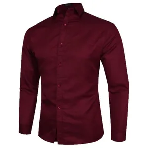 Men's slim-fit long-sleeved burgundy shirt for business casual fashion and simple style.