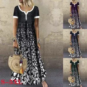 Visual detail of women's loose plus size maxi dress with leaf print and color options