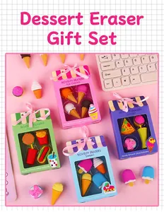 Colección de gomas de borrar creativas con forma de postre y comida rápida en cajas de regalo.