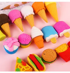 Vista detallada de borradores de colores con formas de helado, hamburguesa y pizza