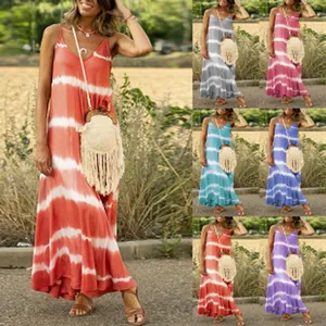 V-neck loose sleeveless tie-dye maxi dress for women showing multiple color options