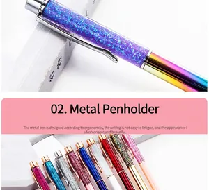 Close-up of vibrant glitter liquid barrel and metallic ergonomic ballpoint pen set