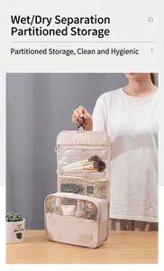 Detail view of hanging travel toiletry bag showing organized storage compartments