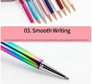 Close-up detail of a rainbow-colored metal ballpoint pen featuring a sleek chrome tip.