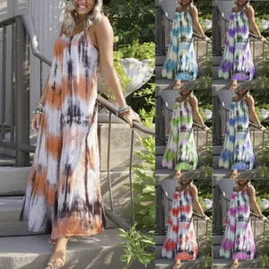 Colorful tie-dye strap maxi dresses collection for women in loose fit and bohemian style.