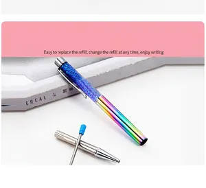 Detailed macro view of a disassembled rainbow metal ballpoint pen with blue glitter