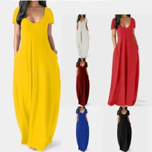 Detail view showing short-sleeved V-neck maxi dresses with pockets in multiple colors