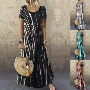Bohemian tie-dye print loose maxi dress with short sleeves and round neck for women