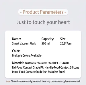 Technical specifications for smart vacuum insulated water bottle, 500ml stainless steel