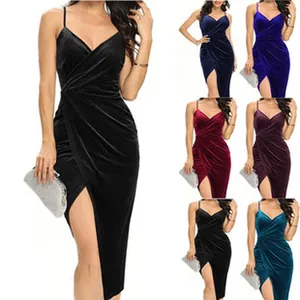 Elegant velvet wrap dresses with spaghetti straps and high front slit in multiple colors.