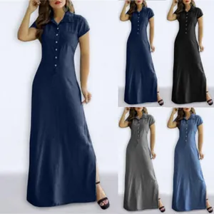 Selection of short-sleeved button-down maxi dresses with side slits in multiple colors.