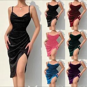 Detailed view of sequin cowl neck spaghetti strap slit midi dress in various colors