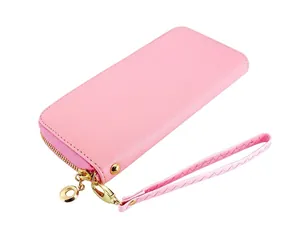 Vista detallada de cartera larga rosa para mujer en cuero PU con cremallera dorada