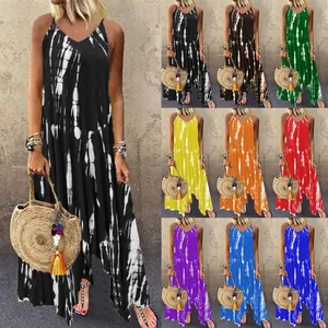 Bohemian tie-dye print loose maxi dress with irregular hem shown in various colors