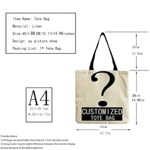 Linen tote bag size chart with dimensions 40x38 cm and A4 paper comparison view