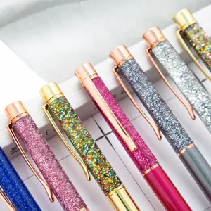 Glitter ballpoint pens with liquid hourglass design and metallic clips in assorted candy colors