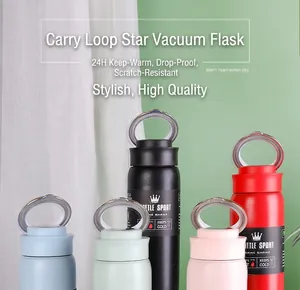 Close-up of portable vacuum insulated sports bottles with ring handles in multiple colors