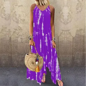 Women's Casual Tie-Dye Asymmetrical Hem Maxi Dress Plus Size Spaghetti Strap Bohemian Loose Vacation Summer Beach Long Dress