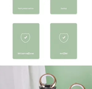 Feature icons for 304 stainless steel vacuum insulated tumbler with metallic ring lid.