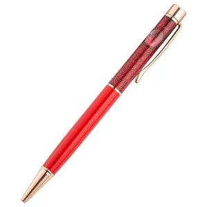 Elegant red and rose gold metal ballpoint pen with sparkling glitter hourglass design