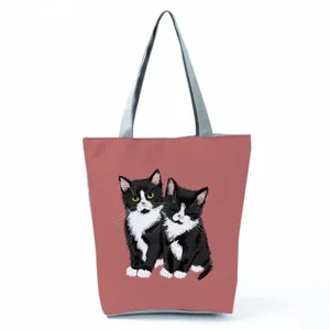 Women's Cute Cat Printed Tote Bag Polyester Large Capacity Shoulder Bag Casual Shopping Beach Handbag Versatile Travel Carryall