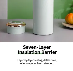 Detail view of a light green vacuum insulated bottle with a shiny metallic cap