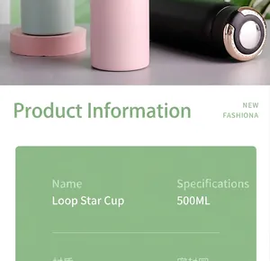 Macro view of 500ml stainless steel vacuum insulated water bottle with info chart