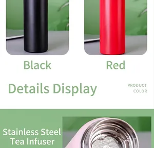 Detailed view of the stainless steel tea infuser and color options for the water bottle.