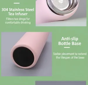 Close-up of 304 stainless steel tea strainer and non-slip bottom of pink vacuum flask