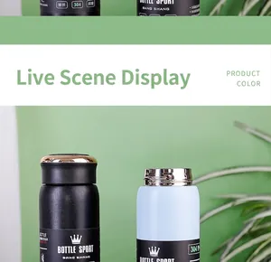 Close-up of 304 stainless steel vacuum insulated sports bottles in black and light blue
