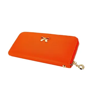 Elegante billetera larga de cuero PU naranja para mujer con lazo dorado chic