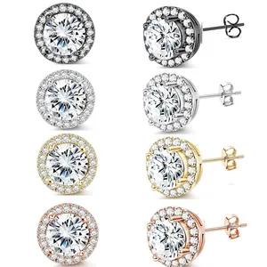 Set of halo stud earrings in four metallic finishes featuring brilliant round cubic zirconia