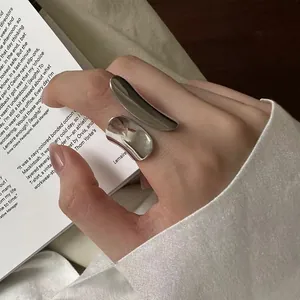 Minimalist 925 silver irregular geometric wide surface ring for women, Korean style design.