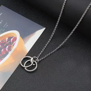 Minimalist titanium steel double ring pendant necklace with interlocking circles