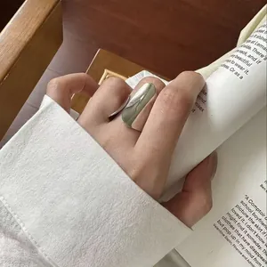 Modern minimalist 925 silver irregular wide ring featuring unique geometric design for women