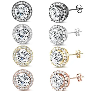 Luxurious Stainless Steel Round Halo Rhinestone Stud Earrings For Women Exquisite Geometric Inlaid Jewelry For Banquet Wedding