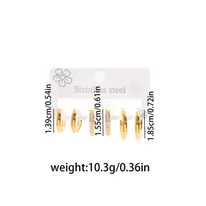 Elegant set of 3 pairs of gold stainless steel hoop earrings with precise size measurements