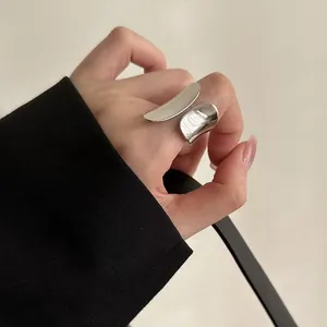 Korean Style Minimalist Silver Color Geometric Irregular Wide Surface Open Ring For Women Heavy Craft Finger Ring Jewelry Gift