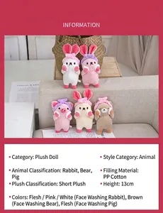 Detailed specifications of 13cm plush animal pendants featuring rabbit, bear, and pig designs.