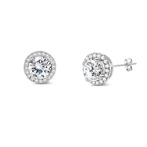Elegant silver-toned stainless steel halo stud earrings with pavé-set cubic zirconia.