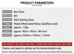 Specifiche dettagliate dei parametri della collana a catena box in argento S925