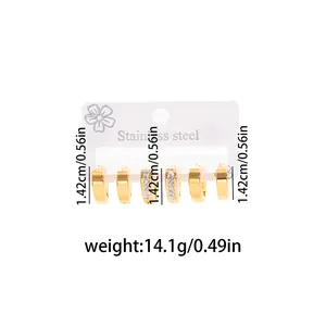 Detailed view of three pairs of gold geometric stainless steel hoop earrings with size specs