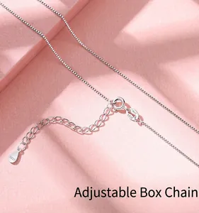 Detail of an adjustable S925 sterling silver box chain necklace with lobster clasp.